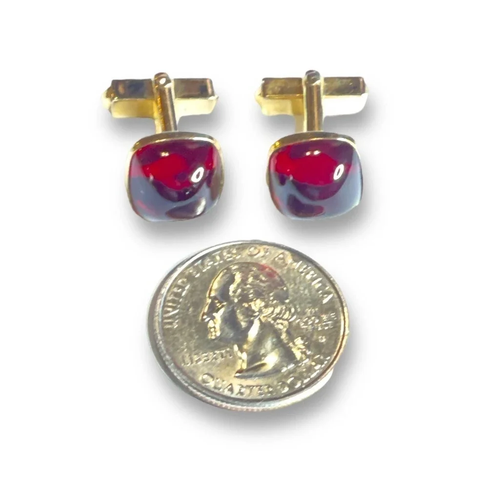 Anson Vintage Cufflinks Gold Tone Cherry Red Lucite